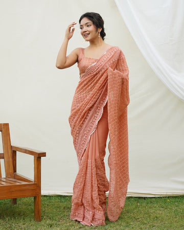 Beauteous Brown Color Georgette Fabric Partywear Saree