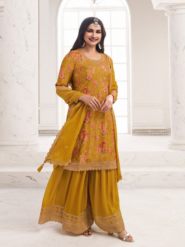 Tasteful Yellow Color Chinon Fabric Sharara Suit