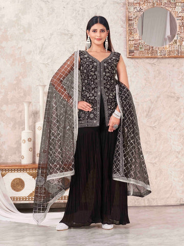 Divine Black Color Georgette Fabric Sharara Suit