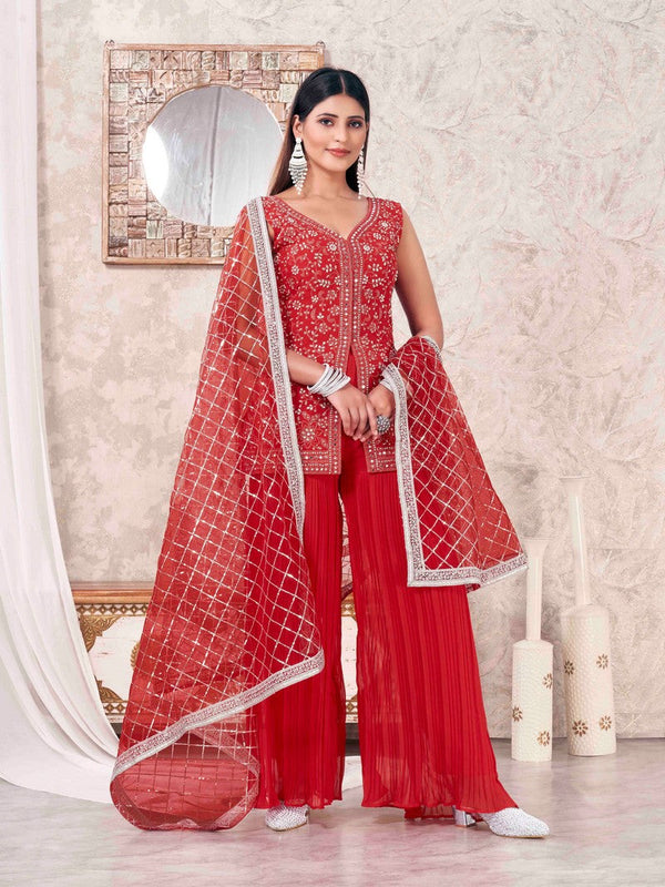 Divine Red Color Georgette Fabric Sharara Suit