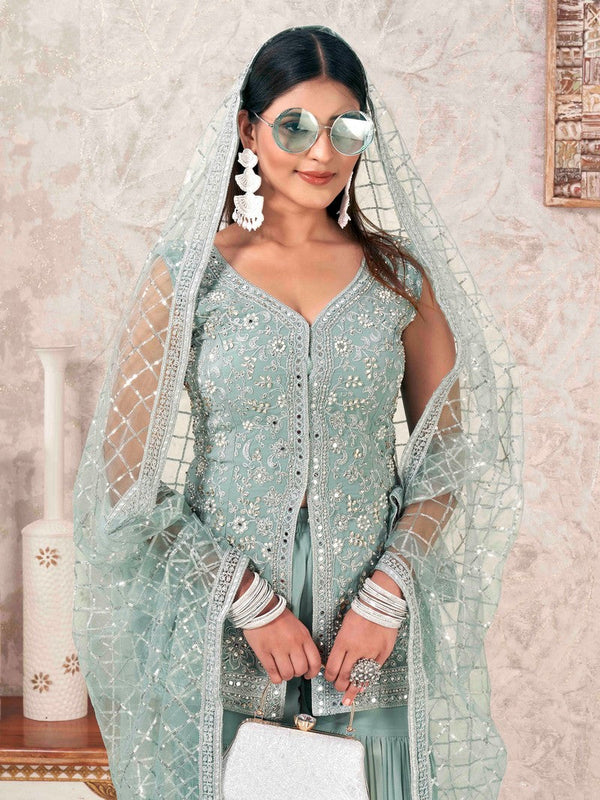 Divine Aqua Color Georgette Fabric Sharara Suit