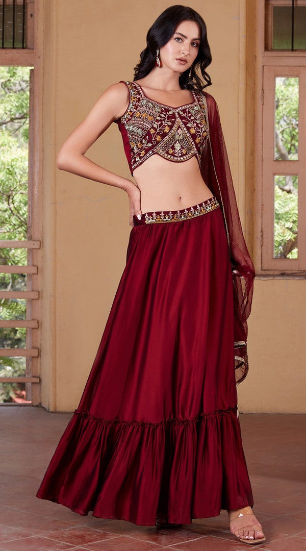 Lovely Maroon Color Rangoli Fabric Party Wear Lehenga