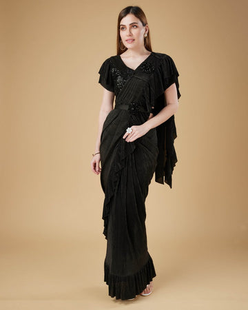 Pretty Black Color Imported Fabric Readymade Saree