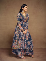 Tasteful Navy Blue Color Chiffon Fabric Designer Suit