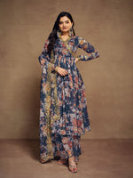 Tasteful Navy Blue Color Chiffon Fabric Designer Suit