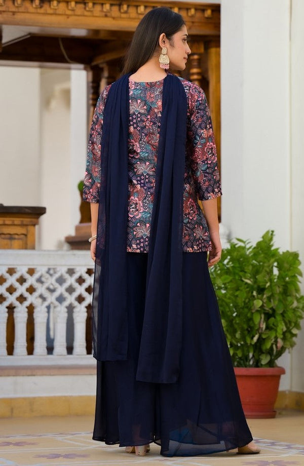 Angelic Navy Blue Color Satin Fabric Plazzo Suit