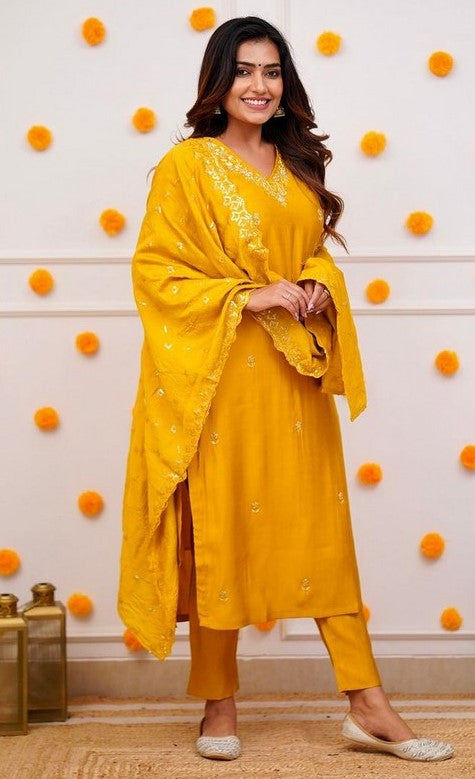 Angelic Mustard Color Georgette Fabric Designer Suit