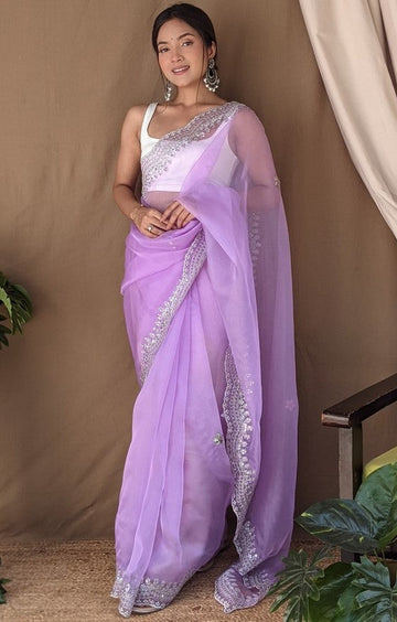 Dazzling Purple Color Organza Fabric Designer Saree