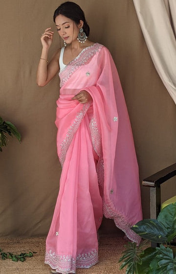 Dazzling Pink Color Organza Fabric Designer Saree