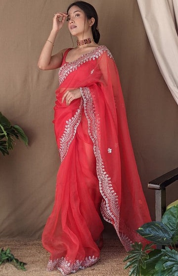Dazzling Red Color Organza Fabric Designer Saree