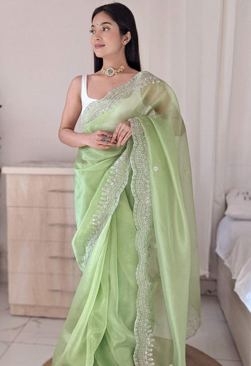 Dazzling Green Color Organza Fabric Designer Saree