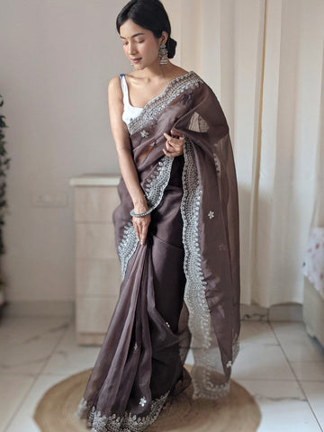 Dazzling Brown Color Organza Fabric Designer Saree