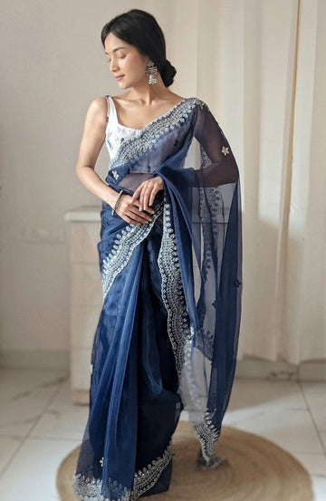 Dazzling Navy Blue Color Organza Fabric Designer Saree