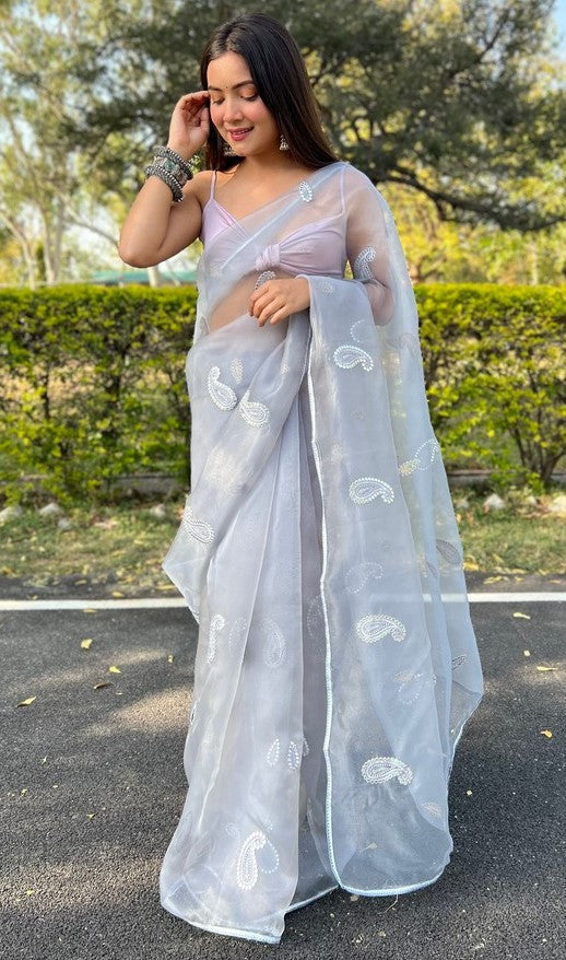 Beauteous Grey Color Organza Fabric Designer Saree