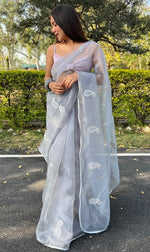 Beauteous Grey Color Organza Fabric Designer Saree