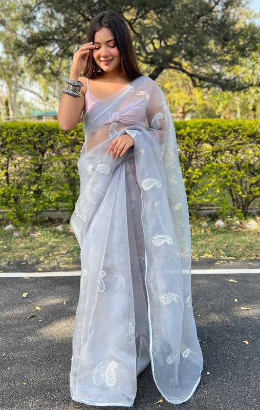 Beauteous Grey Color Organza Fabric Designer Saree