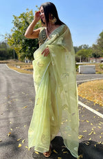 Beauteous Yellow Color Organza Fabric Designer Saree