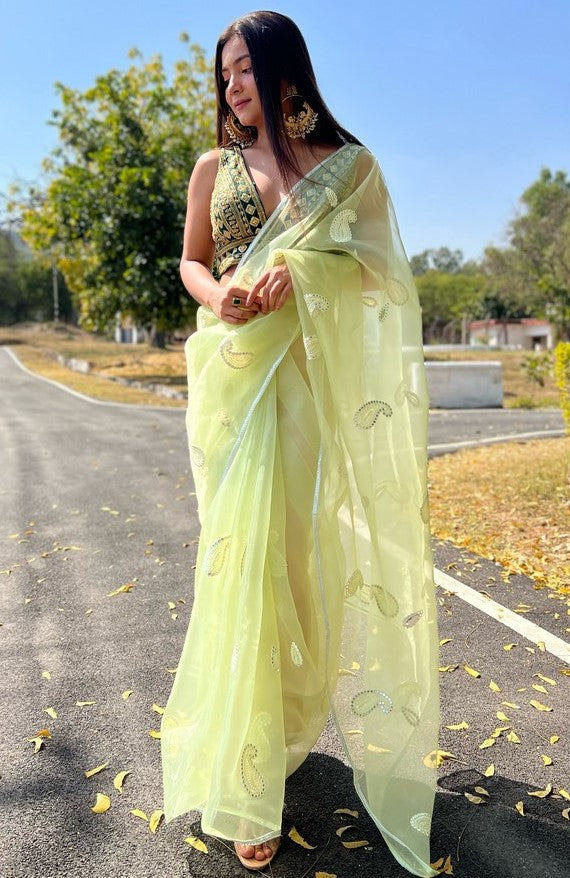 Beauteous Yellow Color Organza Fabric Designer Saree