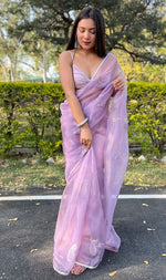 Beauteous Purple Color Organza Fabric Designer Saree