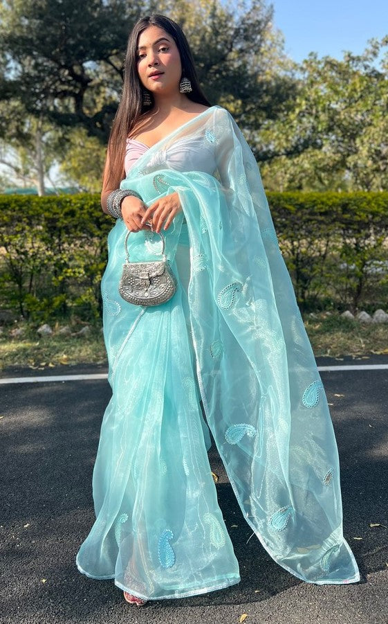 Beauteous Aqua Color Organza Fabric Designer Saree