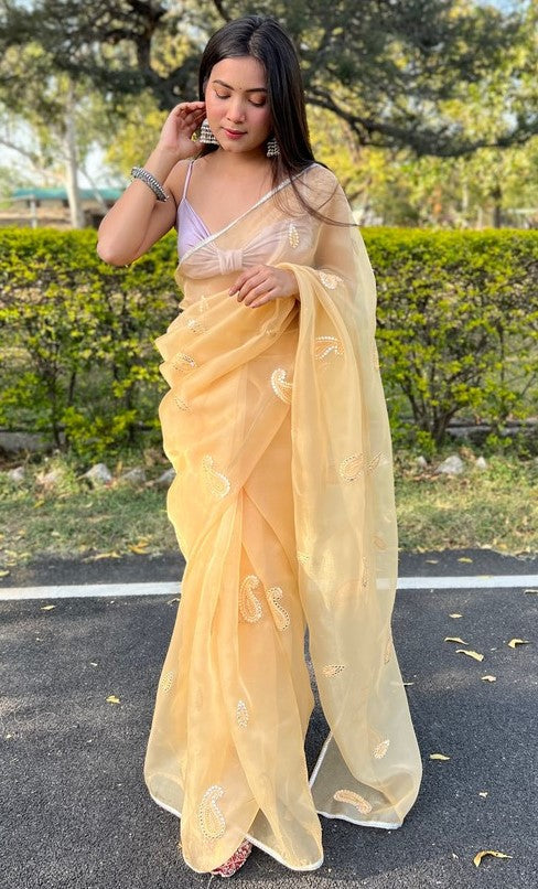 Beauteous Yellow Color Organza Fabric Designer Saree