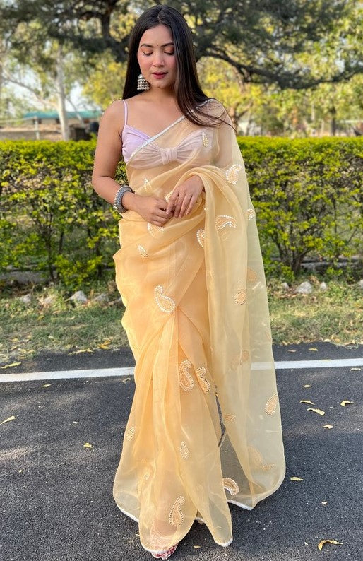 Beauteous Yellow Color Organza Fabric Designer Saree