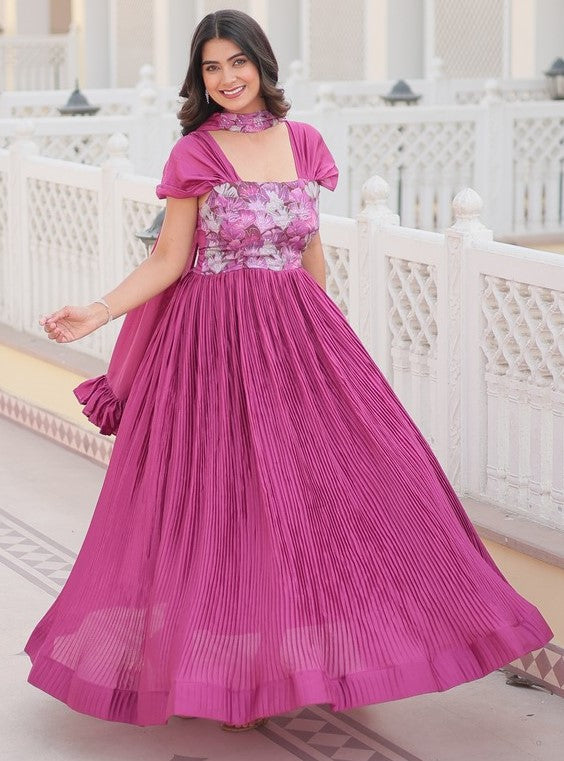 Striking Pink Color Chinon Fabric Gown