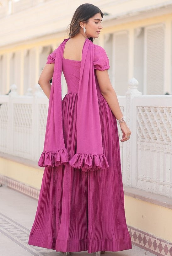 Striking Pink Color Chinon Fabric Gown