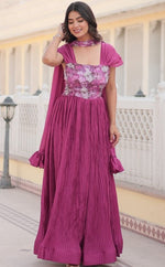 Striking Pink Color Chinon Fabric Gown