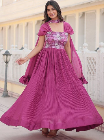 Striking Pink Color Chinon Fabric Gown