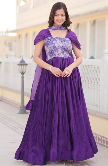 Striking Purple Color Chinon Fabric Gown