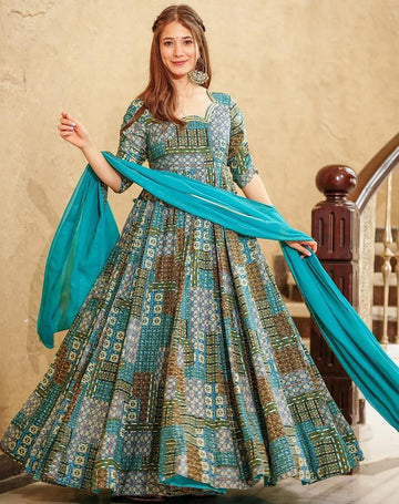 Striking Turquoise Color Rayon Fabric Gown