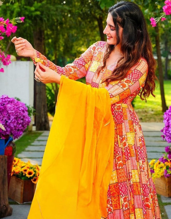 Striking Mustard Color Rayon Fabric Gown