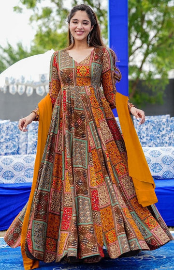 Striking Multi Color Rayon Fabric Gown