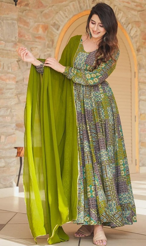 Striking Green Color Rayon Fabric Gown