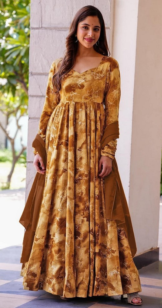 Striking Brown Color Rayon Fabric Gown