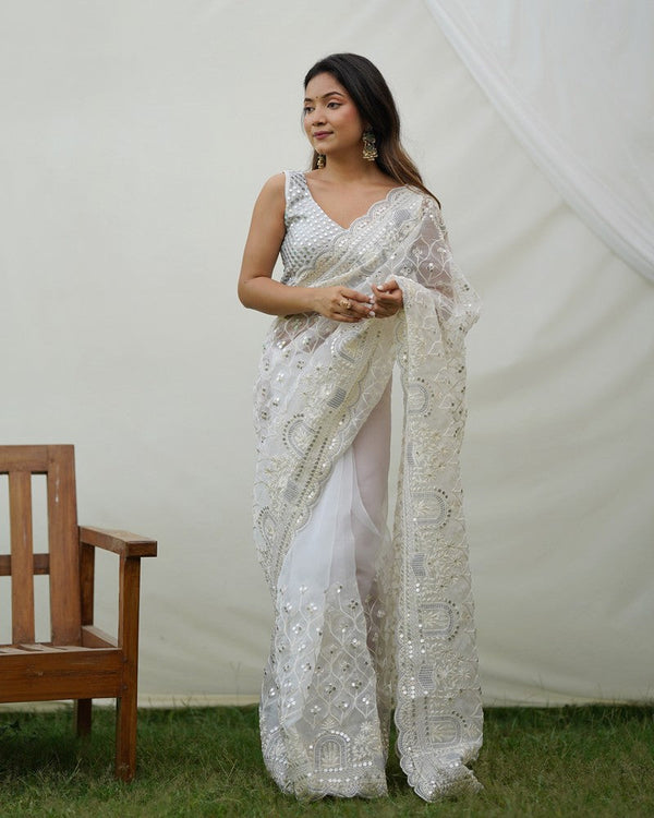 Grand White Color Organza Fabric Partywear Saree