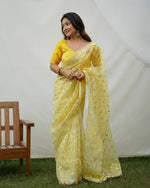 Grand Yellow Color Organza Fabric Partywear Saree