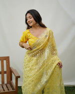 Grand Yellow Color Organza Fabric Partywear Saree