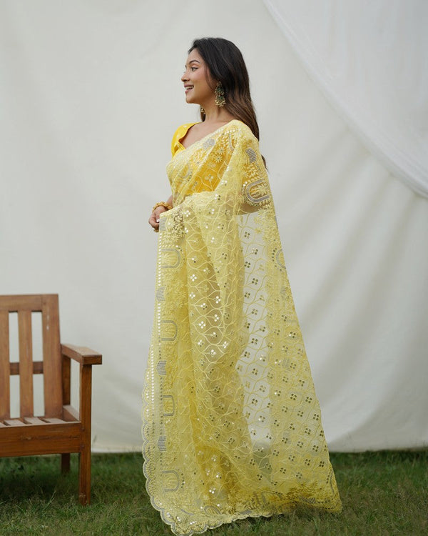 Grand Yellow Color Organza Fabric Partywear Saree