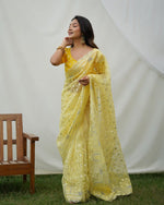 Grand Yellow Color Organza Fabric Partywear Saree