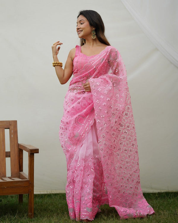 Grand Pink Color Organza Fabric Partywear Saree