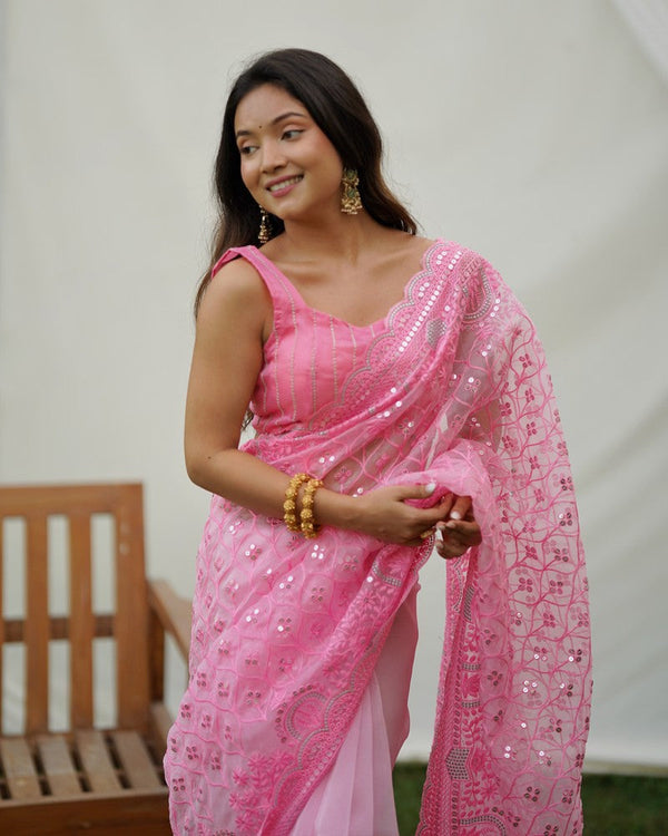 Grand Pink Color Organza Fabric Partywear Saree