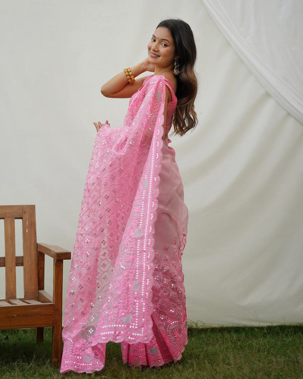 Grand Pink Color Organza Fabric Partywear Saree