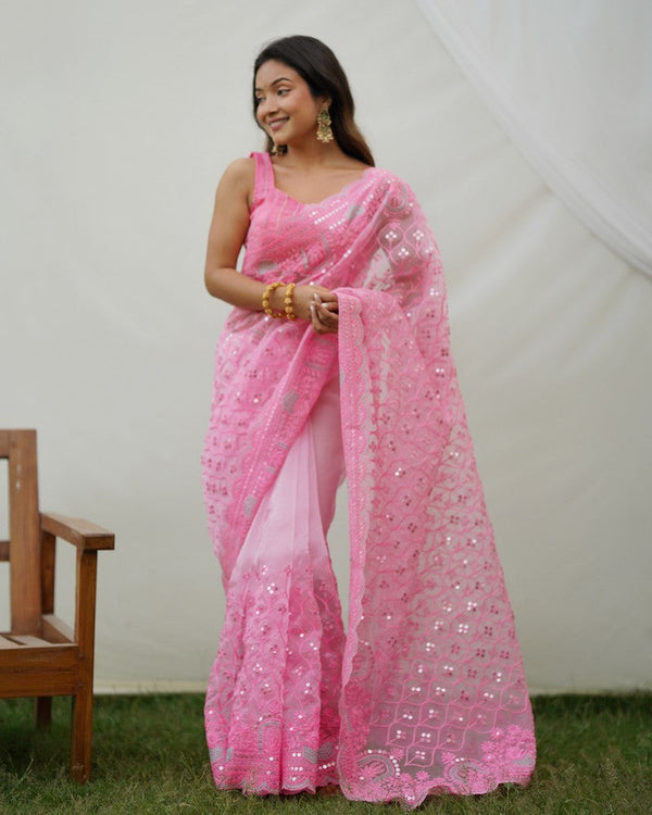 Grand Pink Color Organza Fabric Partywear Saree