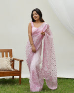 Grand Pink Color Organza Fabric Partywear Saree