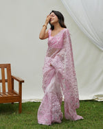 Grand Pink Color Organza Fabric Partywear Saree