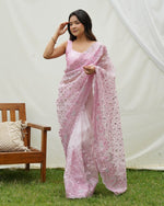 Grand Pink Color Organza Fabric Partywear Saree