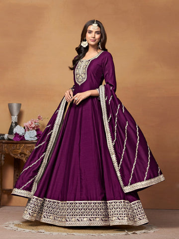 Tasteful Purple Color Art Silk Fabric Partywear Suit