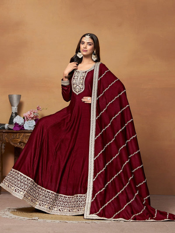 Tasteful Maroon Color Art Silk Fabric Partywear Suit